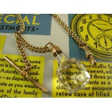 Vintage Pocket Watch Cain Yellow Gold Fill Fancy Glass Pendent T-Bar 12" 